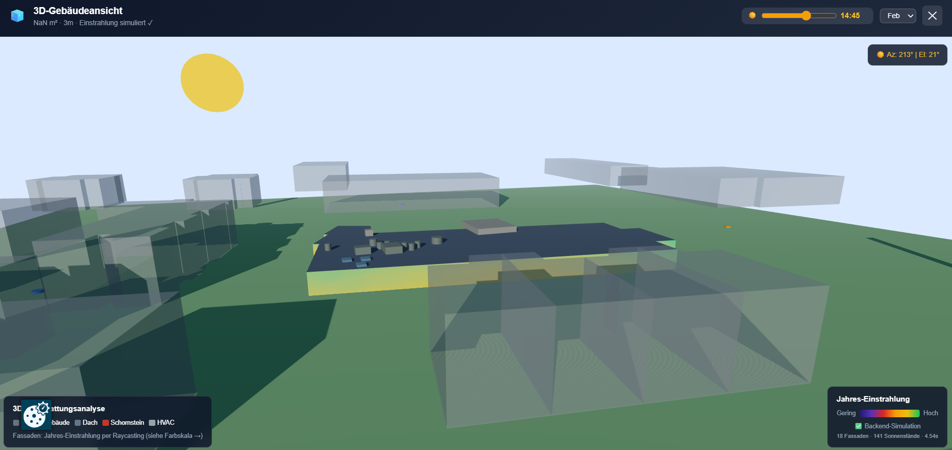 3D-Verschattungssimulation mit Nachbargebäuden und Jahres-Einstrahlung